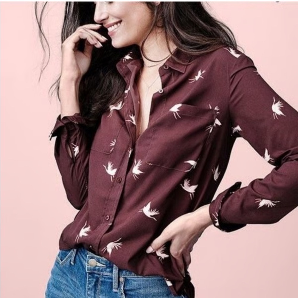 A New Day Burgundy Crane Print Long Sleeve Button Up Blouse